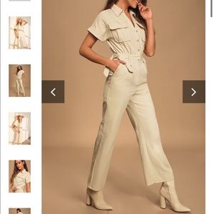 Spread the Word Beige Button-Front Short Sleeve Utility Jumpsuit